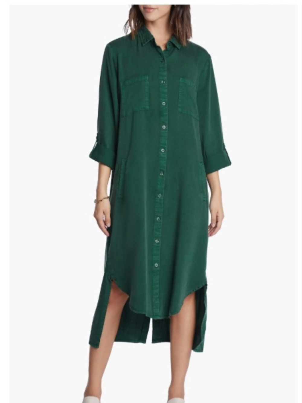 Unworn Wash Lab Chill Out Button Front Shirtdress in Rich Green